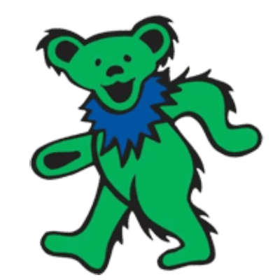 A whimsical green bear with vibrant blue hair and a stylish blue collar, exuding a playful and unique charm.